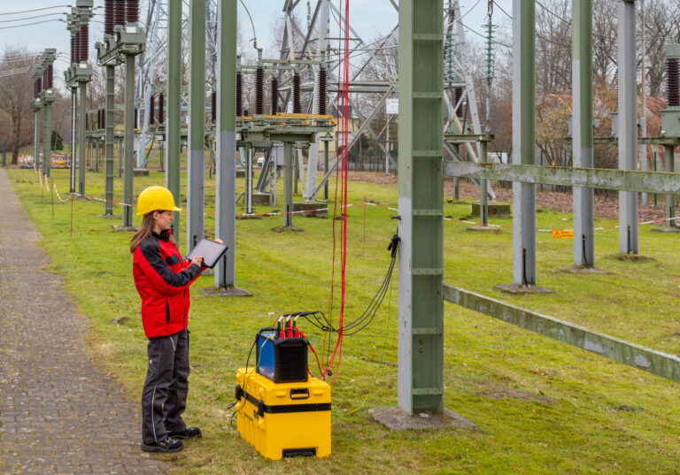 cmc500-press-release-04 Eine Person in einem Umspannwerk nutzt das Gerät von OMICRON für die Prüfung eines Schutzrelais