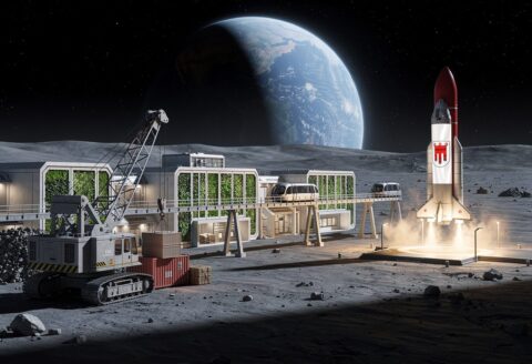 Mondbasis mit Vorarlberger Rakete, digital generiertes Bild